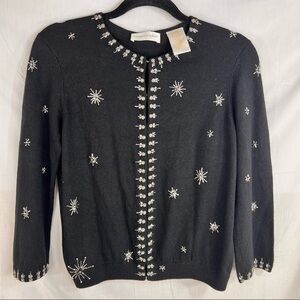 Vintage Sweater Black Beaded Cardigan Sz L Christie & Jill Silk Cotton Blend